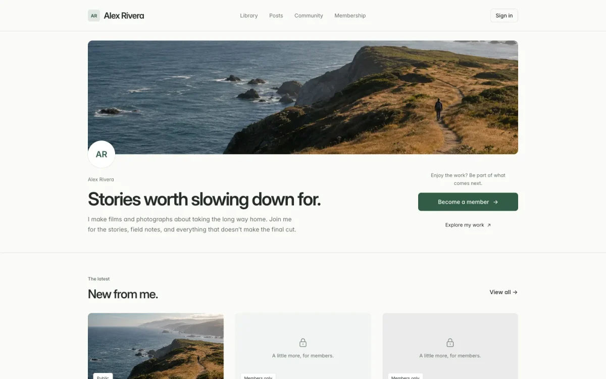 Alex Rivera's example filmmaker membership website with recent work and membership options