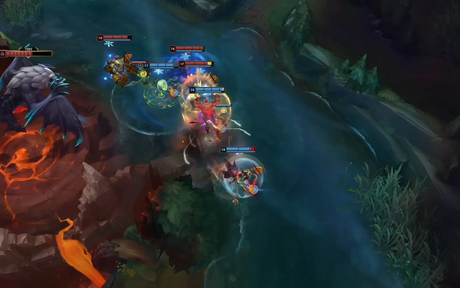 A five-champion fight by the dragon pit on Summoner's Rift, seen from above.
