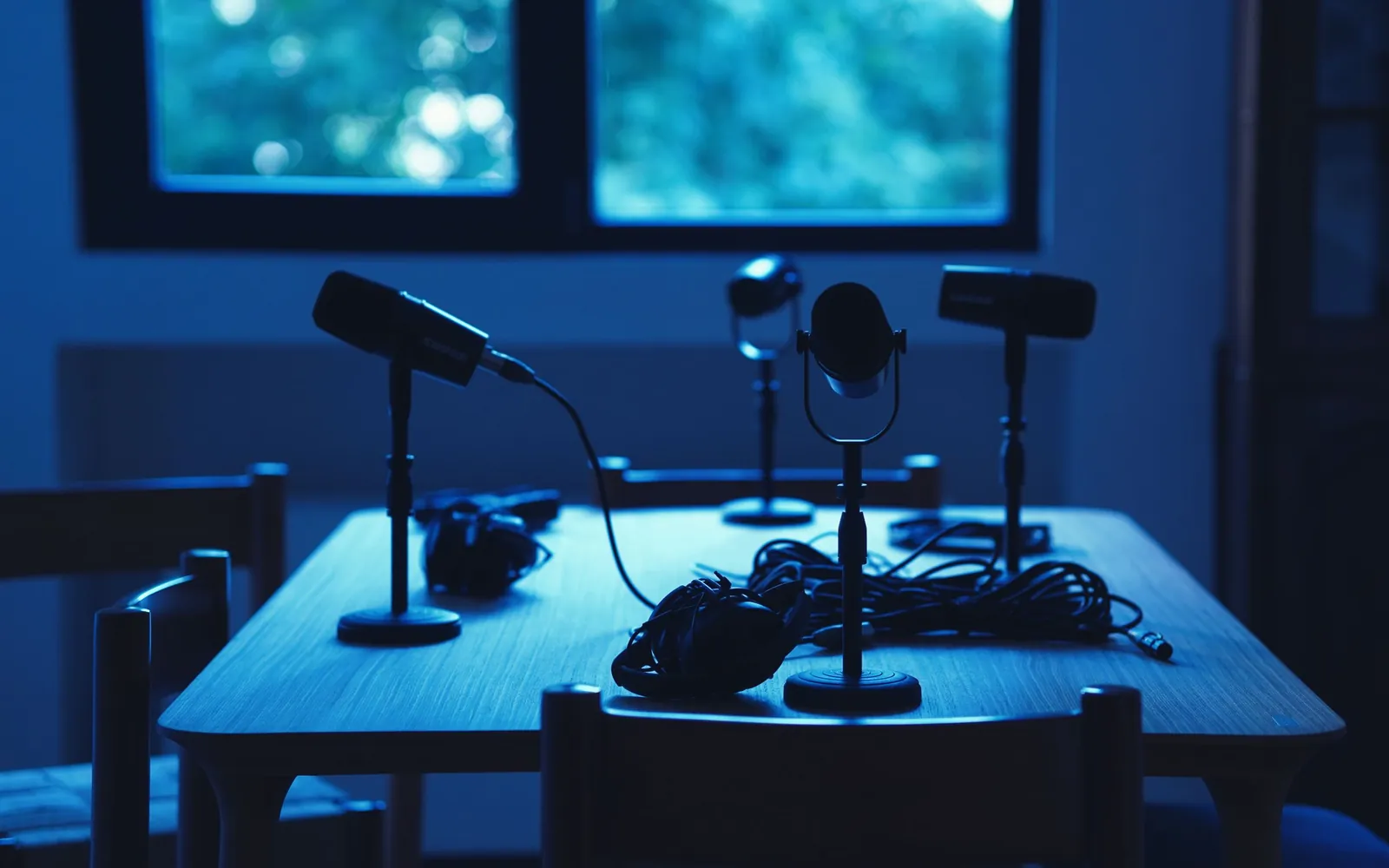 Microphones and headphones on a table in a small podcast studio, lit blue by the window.